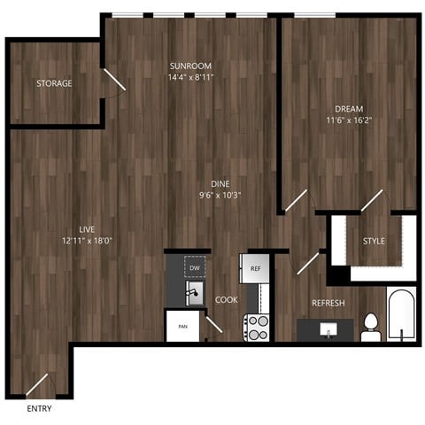 Floor plan for 1 bed, 1 bath, 962 sqft